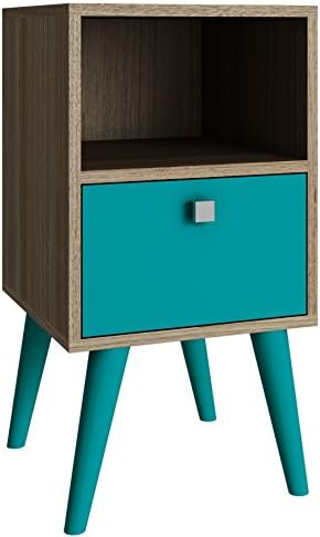 Fashion Furniture Carneal 1 Drawer Nightstand with Splayed Legs and Unique Square Knob Design Made w/ Manufactured Wood in Oak, Aqua Finish 24.8'' H x 12.99'' W x 13.78'' D in.
