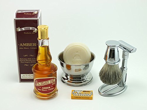 GBS Shaving Gift Set - Merkur Futur Safety Razor Polished Chrome, Conk Amber After Shave Cologne, Chrome Pure Badger Bristle Shave Brush, Razor & Brush Stand, Stainless Shave Bowl + Natural Shave Soap