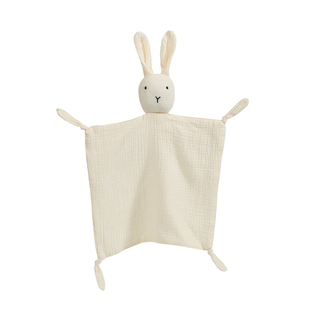 Comfort Blanket, Cuddly Blanket with Rabbit Head, Double Layer Tulle Made of 100% Organic Cotton, Baby Gift for Birth Boy and Girl. (White)