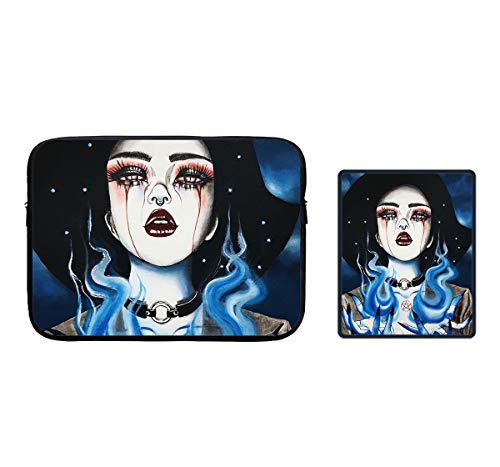 Vertical Style Laptop Sleeve Compatible for 13 15 Inch Laptop/Tablet/Ipad, Water Repellent Ice Fire Goth Gotik Gothic Women Girl Art Ultrabook Case Bag Cover with Anti-Slip Mouse Pad