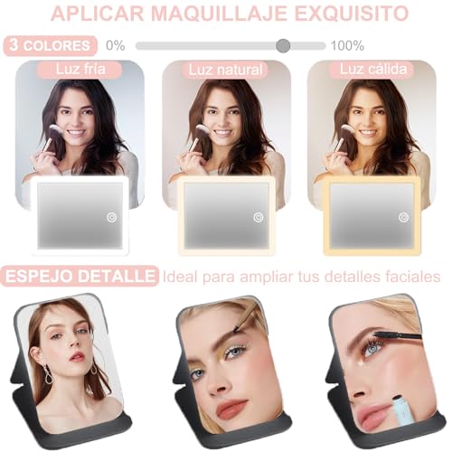 26cm Estuche de Maquillaje con Espejo Iluminado, Bolsa de Maquillaje de Viaje con Espejo LED Desmontable, Tres modos de luz ajustables, con mini espejos plegable, 2 Mini Esponjas De Maquillaje (Rosa)