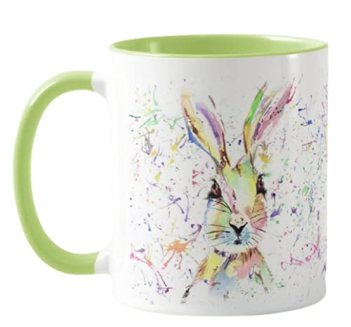 Vixar Hare Bunny Rabbit Watercolour Rainbow Art Coloured Mug Cup, Gift, Birthday, Work, Office, Christmas Tea Coffee (L Green)