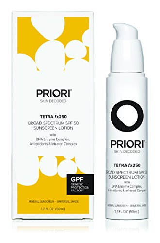 Priori TETRA fx250 Broad Spectrum SPF 50 Sunscreen Lotion, UVA & UVB Mineral Protection, DNA Repair, Antioxidant, Infra-Red, High Energy Visible (HEV) Protection, All Skin Types, 1.7 oz (50ml)