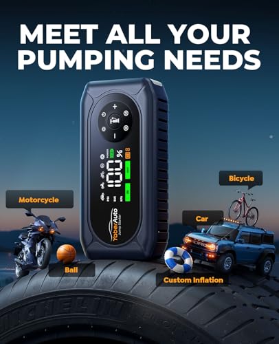 YaberAuto 5000A Car Battery Jump Starter with Air Compressor & Gloves, Car Jumper Starter Portable with 150PSI Tire Inflator, 12V Jump Box (9L Gas/8L Diesel) Jumper Cables, 18W Fast Charge 800LM Light