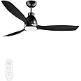 Newday 52 inch Ceiling Fans with Lights - Black Ceiling Fan with Light and Remote, 3 Blades 3 Colors Dimmable LED, 6 Speeds Reversible Quiet DC Motor Ceiling Fan For Living Room Bedroom Indoor Outdoor