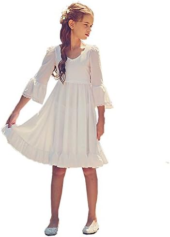 yeoyaw White Ivory Chiffon Flower Girl Dress 3/4 Sleeves Knee Length Casual Dressess First Communion Dress