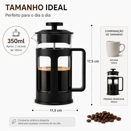 Prensa Francesa 350ml Cafeteira Manual em Aço Inox e Vidro Estilo Classico