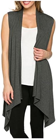 Kumer Women's Lightweight Sleeveless Asymmetric Hem Open Front Drape Cardigan Casual Sweater Vest,Gray,Large