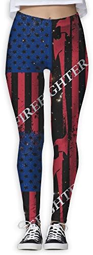 Gift Silver Firefighter American Flag Women Skinny Workout Running Yoga Pants Leggings Trousers
