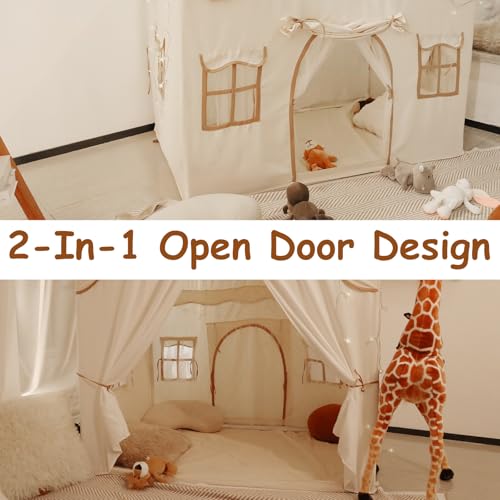 STANEW Large Dome Tent, Foldable Camping Tent Indoor Outdoor, Contain Star Light, Flag, padded mats, Outdoor Shelter 132 * 92 * 128cm -Cream