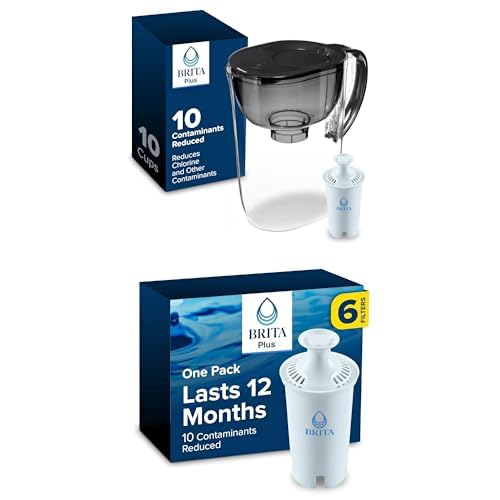 Brita Large Water Dispenser with Filter, 10 Cup Capacity, Black and 6 Brita Plus Water Filters, Lasts 12 Months Image