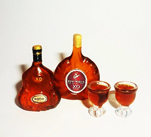 Set with glasses of Cognac,bottles with alcohol, cognac bottle set. Dollhouse miniature 1:12