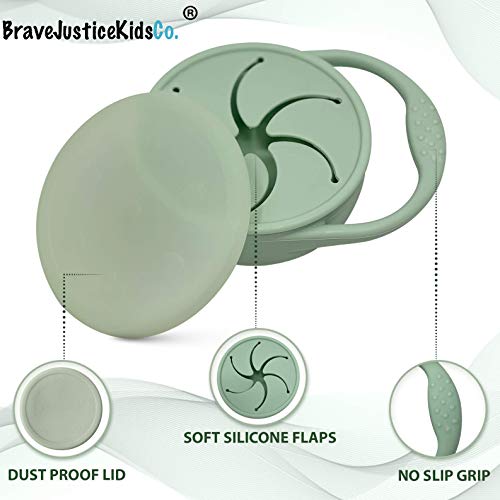 BraveJusticeKidsCo | Snack Attack Cup Collapsible Silicone Container Toddler and Baby Catcher Lid (Mint Green)