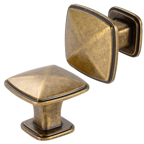 Photo 1 of BEROSSA Antique Brass Stepped Square Pyramid Knobs, Kitchen Cabinet Pull Handles, Pack of 10 | Size 1-1/4 Inch, Solid Furniture Hardware for Cupboard Door Dresser Drawer Bathroom Vanity 1990