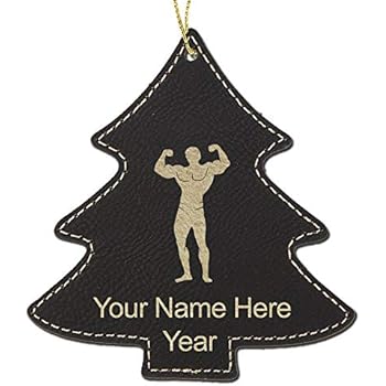 LaserGram Faux Leather Christmas Ornament, Bodybuilder, Personalized Engraving Included (Black Tree)