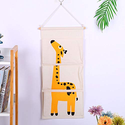 GUAN LUCYLEXIXI Cotton Fabric Storage Bag Wall Door Closet Hanging Storage Bag,Hanging Organizer with 3 Pockets，Children's Pockets Home Organizer for Bedroom Bathroom Kitchen（Giraffe）