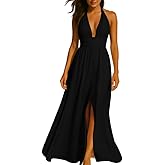 Womens Backless Dress Sexy Halter Deep V Neck Maxi Dresses Sleeveless Long Cocktail Dress with Slit