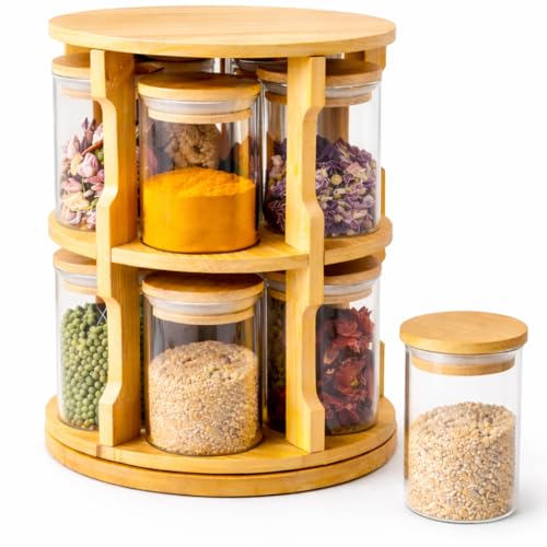 360° Rotating Spice Rack Organizer – 10 Glass Jars (200ml Each) with Bamboo Wooden Stand – Kitchen Countertop Storage Carousel – Space Saving Masala Organizer