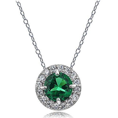 Sterling Silver Created Emerald and White Topaz Round Halo Necklace