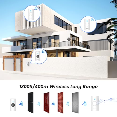 TECKNET Wireless Doorbell, Door Bells Wireless IP65 Waterproof Battery Operated Cordless Door Chime Kit up to 1300ft Long Range with 60 Melodies & 5-Level Volume, LED Flash, 4.5 Year Battery Life