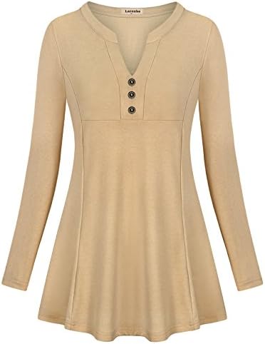 Larenba Womens Notch V Neck Long Sleeve Loose Fit Swing Tunic Henley Shirt