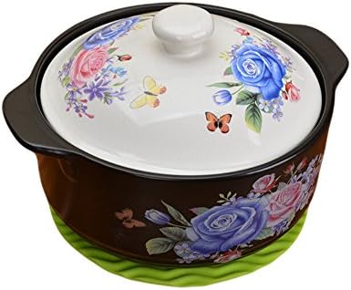 Qingsm High Temperature Flame Ceramics Health Colorful Pattern Casserole (white lid &amp; blue rose)