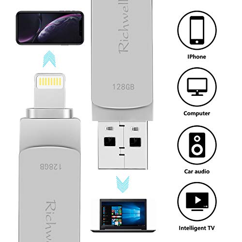 USB Flash Drive for iPhone Flash Drive 128GB Memory Stick USB 3.0 for iPad Thumb Drive Photo Stick 3in1 External Drive Richwell for Apple iPhone iPad iOS Mac Android and Computers (Silver128G)