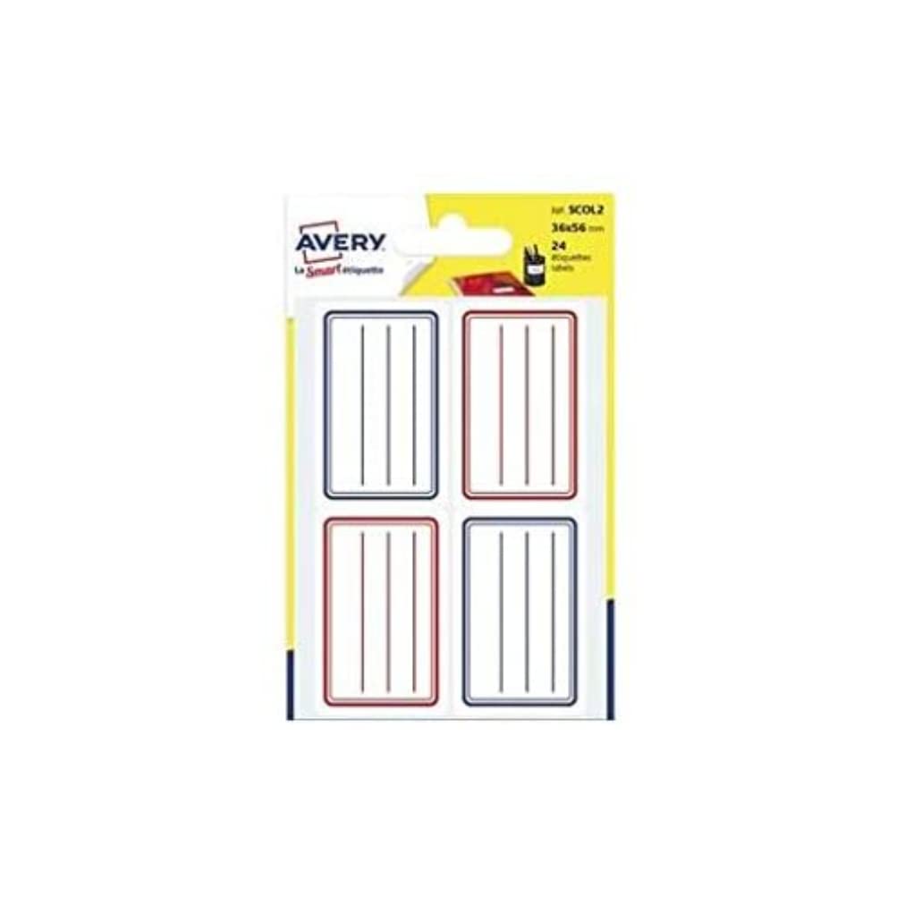 AVERY - Bag of 24 Blue/red Lined School Labels, Format 36 x 56 mm