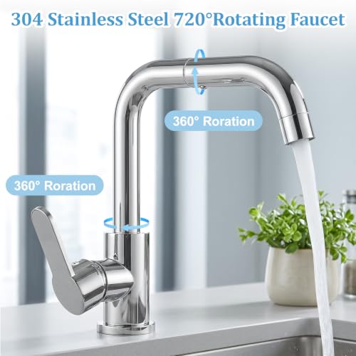 Minnhua Grifo Lavabo/Cocina 360°Giratorio Acero Inoxidable 304 Cromado | Mezclador Monomando de Baño Alto Grifo de Baño con Altura 175MM Agua Fria y Caliente con 60CM Manguera para Lavabo Cocina