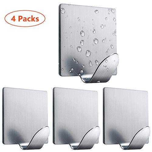 Wodgreat Adhesive Hanging Hooks, 3M Self-Adhesive Waterproof Stainless Steel Hooks Wall Utility Hooks, for Towel Keys Bags Kitchen Tools Bedroom Bathroom Office (4 Packs)
