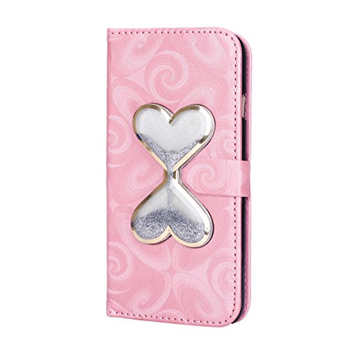 iPhone 6S Plus / 6 Plus Wallet Case,PHEZEN Bling Liquid Glitter Love Heart Flowing 3D Hourglasses Luxury Pu Leather Magnet Flip Case Cover with Credit Card Slot for iPhone 6/6S Plus 5.5", Pink,Silver