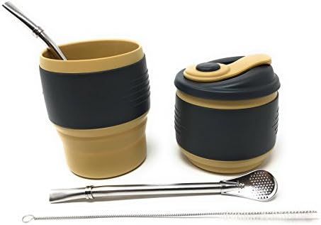 Yerba Mate Expandable Silicone Gourd and (2) Stainless Steel Bombilla Metal Straws for Mate Loose Leaf Tea Ball Herbal Infusions (1) Cleaning Brush Included Medical Grade BPA Free Color (Wheat)