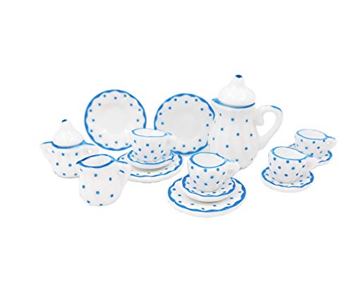 Twenis 1/12 Dollhouse Miniature Tea Set in 15 Pcs, Blue Polka Dots Porcelain Chintz Tea Cup Set