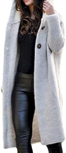 GRMO Women Pure Color Hooded Knitted Mid Long Open Front Cardigan Coat