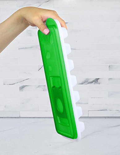 ChefLand Easy Release No Spill Ice Cube Tray with Removable Cover, Stackable, Compact, Odor Free Ice Cube Tray In White With Green Lid, Set of 2