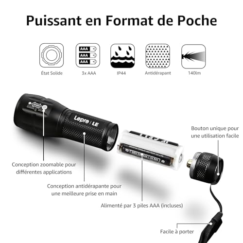 Lepro L8000 Powerful Zoomable Flashlight IPX4 Waterproof Zoomable Torch 3 AAA Batteries Included, Aluminum Military LED Torch for Camping, Hiking, Emergencies, Pack of 2