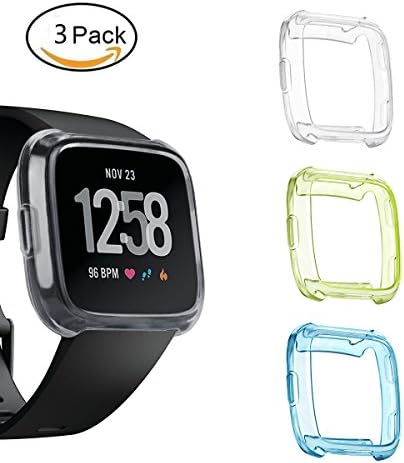 Yavive Fitbit Versa Soft TPU Cover Case,Accessories Protective Case Frame Cover Shell for Fitbit Versa Smart Fitness Watch Clear Black Tangerine Blue Lime Pink (Set-3)