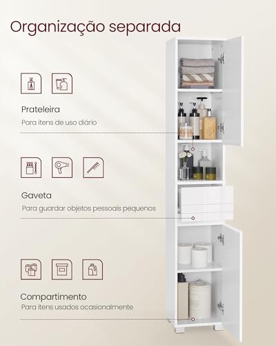 VASAGLE Armário Alto para Banheiro, Armário Estreito de Armazenamento, Armário Compacto, Unidade de Armazenamento para Banheiro, com Gaveta, Prateleiras Ajustáveis, 30 x 30 x 170 cm, Branco BBC560P31