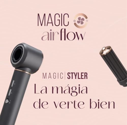 Magic Styler Secadora Profesional y Multiestilizador de Cabello 6 en 1 Tecnología Iónica 3 Velocidades y 3 Niveles de Temperatura con 9 Configuraciones para Secar Alaciar Rizar y Da Volumen, Color Gris