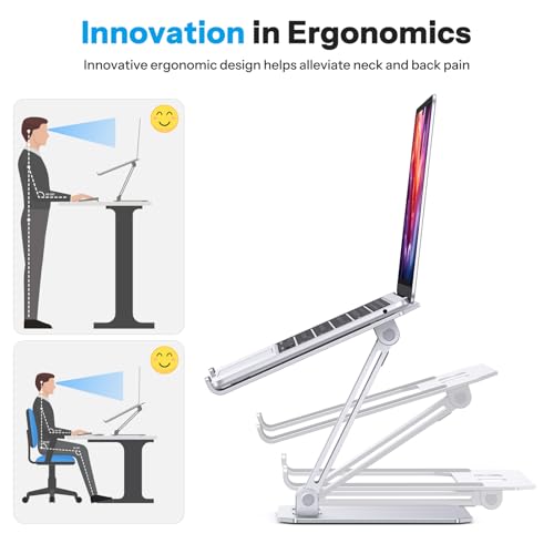 OMOTON Aluminium Laptop Stand, Height Adjustable, Ergonomic Foldable Notebook Stand, Laptop Holder for Laptops such as MacBook Pro/Air (11-16 Inches), Silver