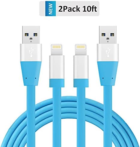 Novtech Lightning Cable 2 Pack 10ft Tangle Free Flat USB Cables for iPhone 7 7 Plus 6s 6s Plus 6 6 Plus 5s 5c 5, iPad Pro Air iPad mini, iPod touch 5th 6th nano 7th(Blue)