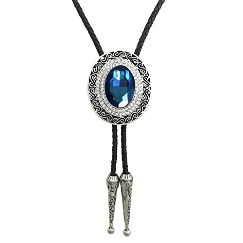 SELOVO Western Big Blue Rhinestone Statement Native American Bolo Tie for Men Genuine Leather - Thumbnail 4