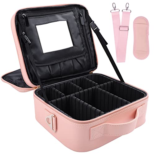 Oewoer PU Leather Travel Makeup Bag, Portable Makeup Organizer Case Makeup Train Case with Adjustable Dividers and Shoulder Strap Make up Bags (with Mirror Pink)