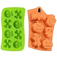 2 Silicone Halloween Soap Molds - Day of the Dead Soaps - Pirate Party Cakes Skulls Crossbones - Pumpkins Ghosts Bats Bath Bombs - Random Colors Bundle by Jolly Jon