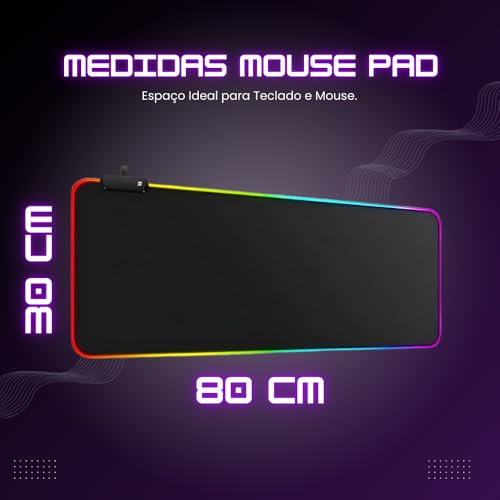 Mouse Pad Gamer RGB Led 80x30 Grande Speed Antiderrapante Base Emborrachada Borda Costurada Ideal para Jogos e Escritório