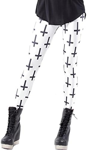 AVITALK Women Sexy Black Cross Print Leggings Pant Stretch Tights-White-One Size