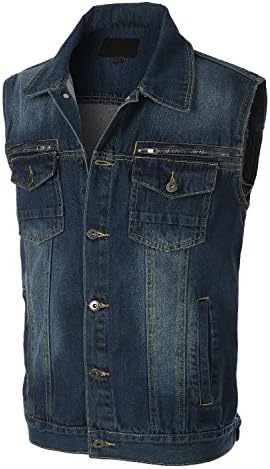 OLLIN1 Mens Vintage Button Down Denim Jean Vest with Pockets