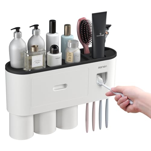 Yuehuam 歯ブラシスタンド 壁掛け 歯ブラシホルダー おしゃれ 歯ブラシ立て 歯磨き粉ホルダー 電動歯ブラシスタンド 3カップ 浮かせる 収納 歯ブラシたて 歯磨き コップ 洗面所 自動歯磨き粉絞り器 穴あけ不要 トイレタリー収納 多機能 コップ立て 家族 ブラック