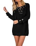 BOBIBI Womens Lace Up Front V Neck Long Sleeve Knit Pullover Sweater Mini Dress Top,Black,X-Large