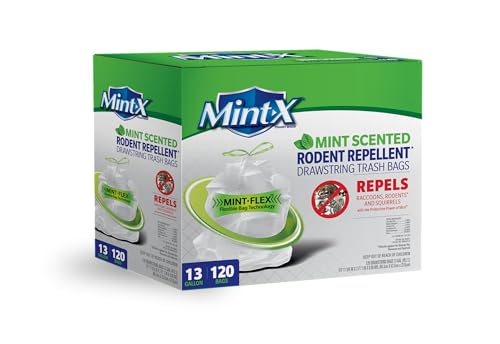 Sacos de lixo Mint -X repelente de roedores para uso interno com cordão de cozinha com tecnologia Mint-Flex; 13 galões, 120 unidades, branco